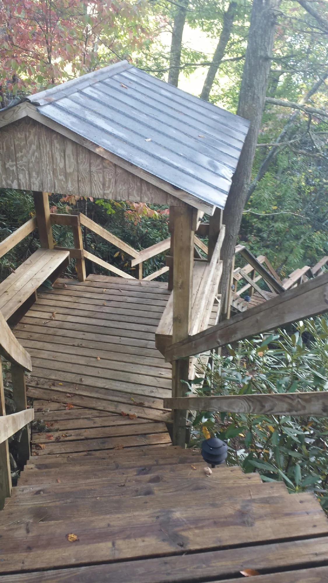 Metal roofed shelter over wooden steps on a wooded walkway — Skylight Repair & Installation work by our crew in Murtaugh